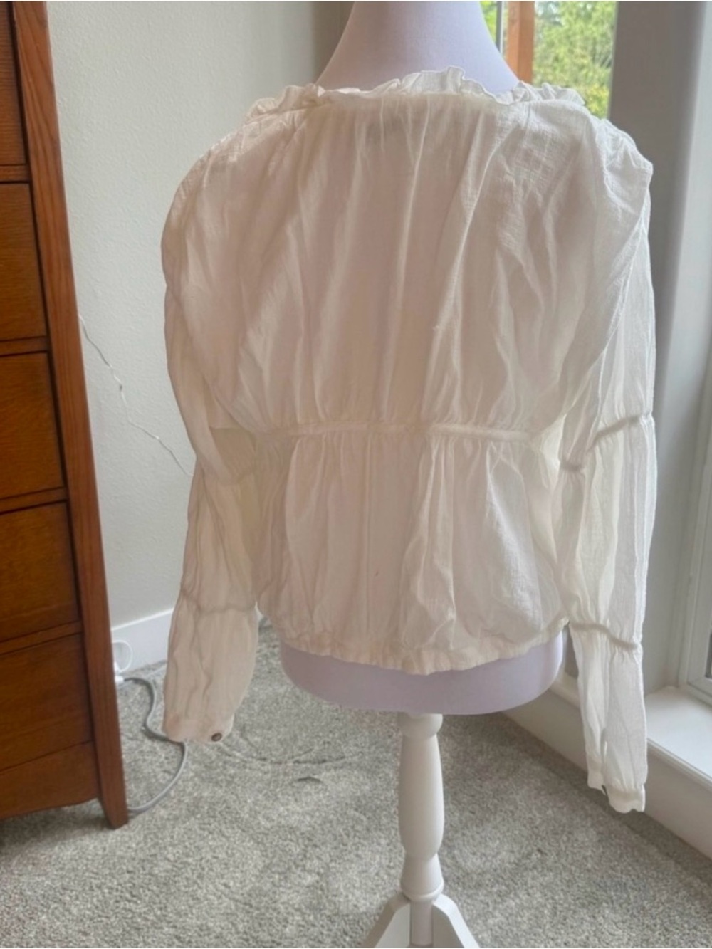 White Button-Front Peasant Blouse with Tie Hem - Picture 2 of 3